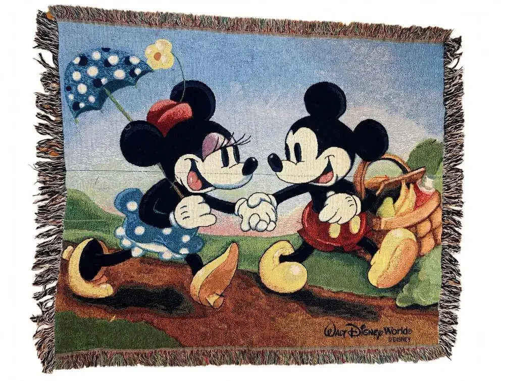 Vintage Walt Disney World Tapestry Throw Blanket Mickey Minnie 50x60 Fringe